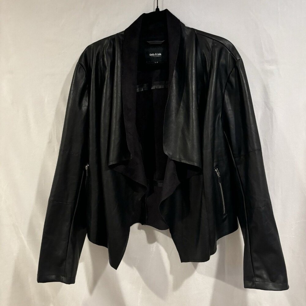 Ookie & Layla black Faux Leather Open Front Drape‎ moto Jacket Women’s Size 1X